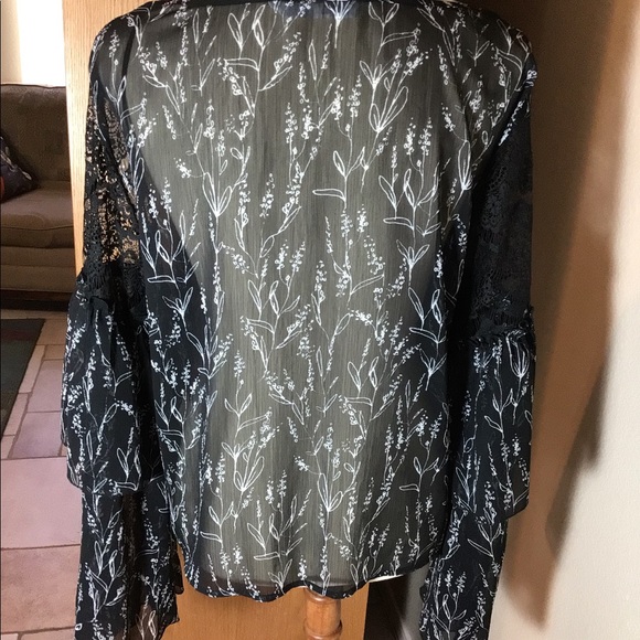 Zara black floral printed shirt metallic thread semi-sheer size xl - Picture 2 of 9